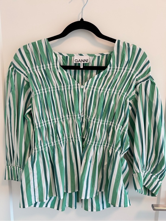 Ganni Tops - Ganni Green & White Striped Smocked Peplum Top